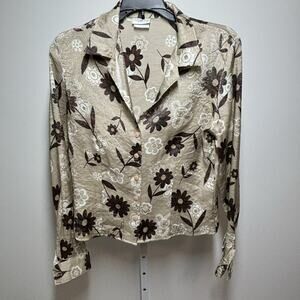 Day2Day Nylon Rayon Blouse Long Sleeve Button Up Taupe & Brown Floral Fit S Read